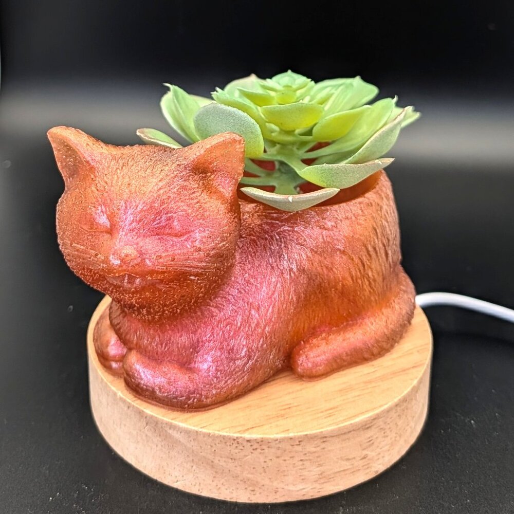 Cat Nightlight Planter Ring Holder Epoxy Resin on Wooden LED Light Stand